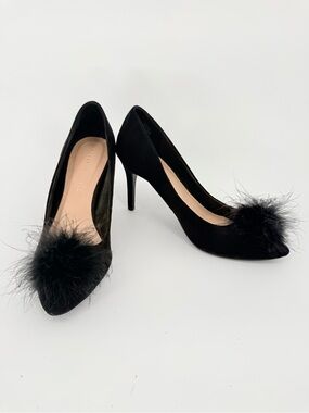 Kelly & Katie Black Feather Pom Stiletto Pumps 8.5 Cocktail Party Old Hollywood